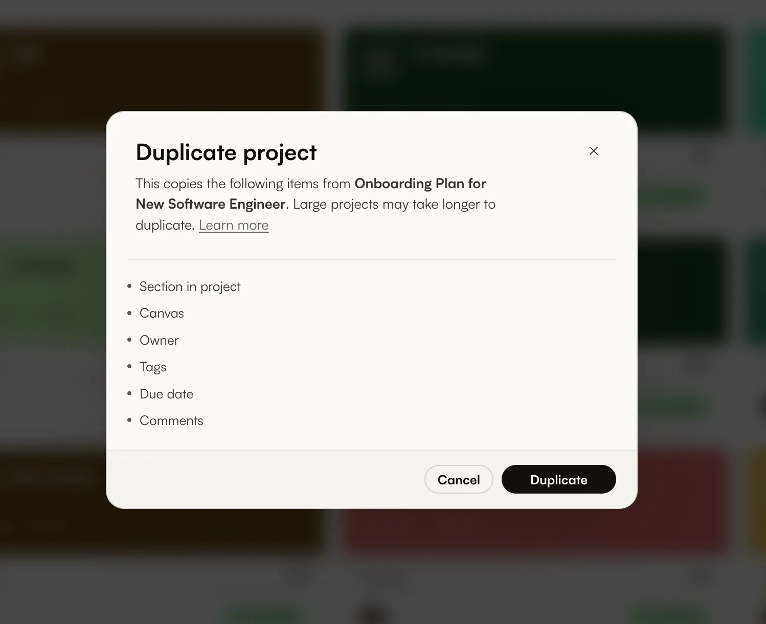Confirmação de Duplicate project em inglês com os itens copiados