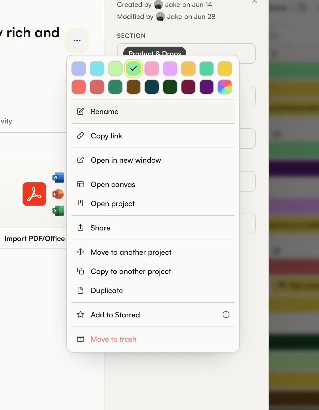 Canvas project context menu