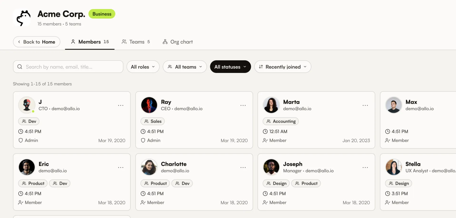 Workspace Members directory with people cards and search filters
