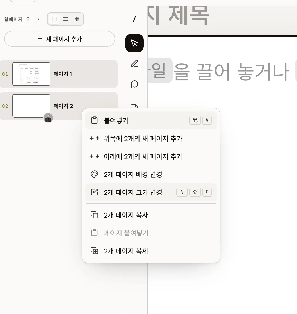 페이지 두 개를 선택한 뒤 2개 페이지 크기 변경 메뉴를 연 화면