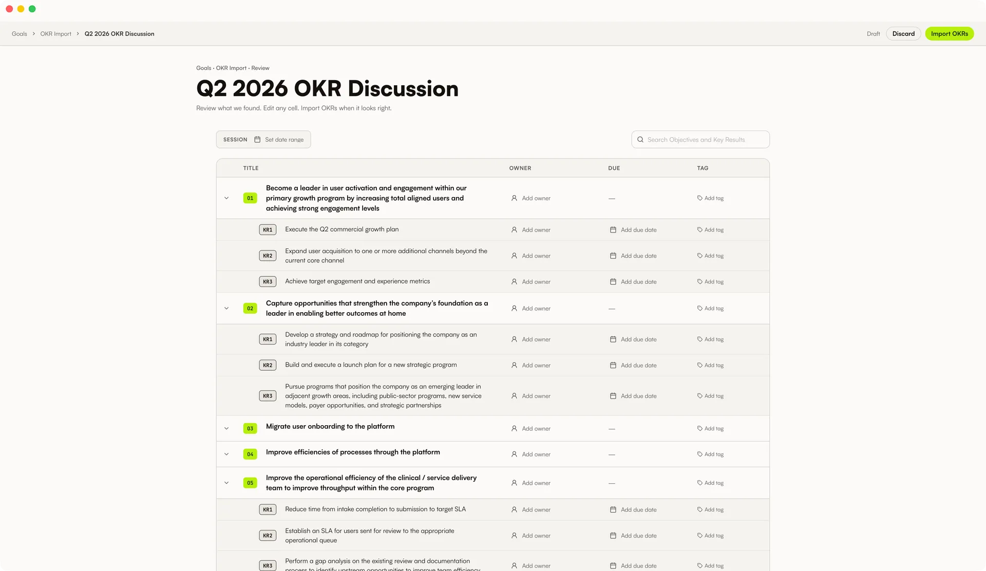 OKR 가져오기 초안 검토 화면