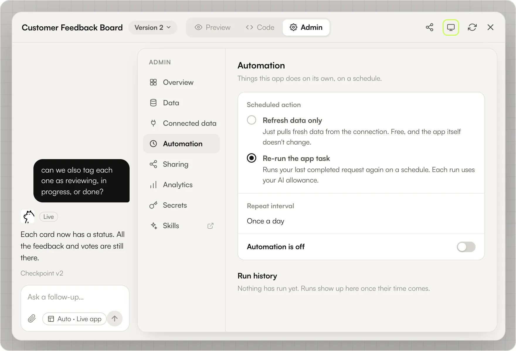 Admin tab, Automation section: Re-run the app task selected over Refresh data only, each with its explanation, a once-a-day interval, and the automation switch