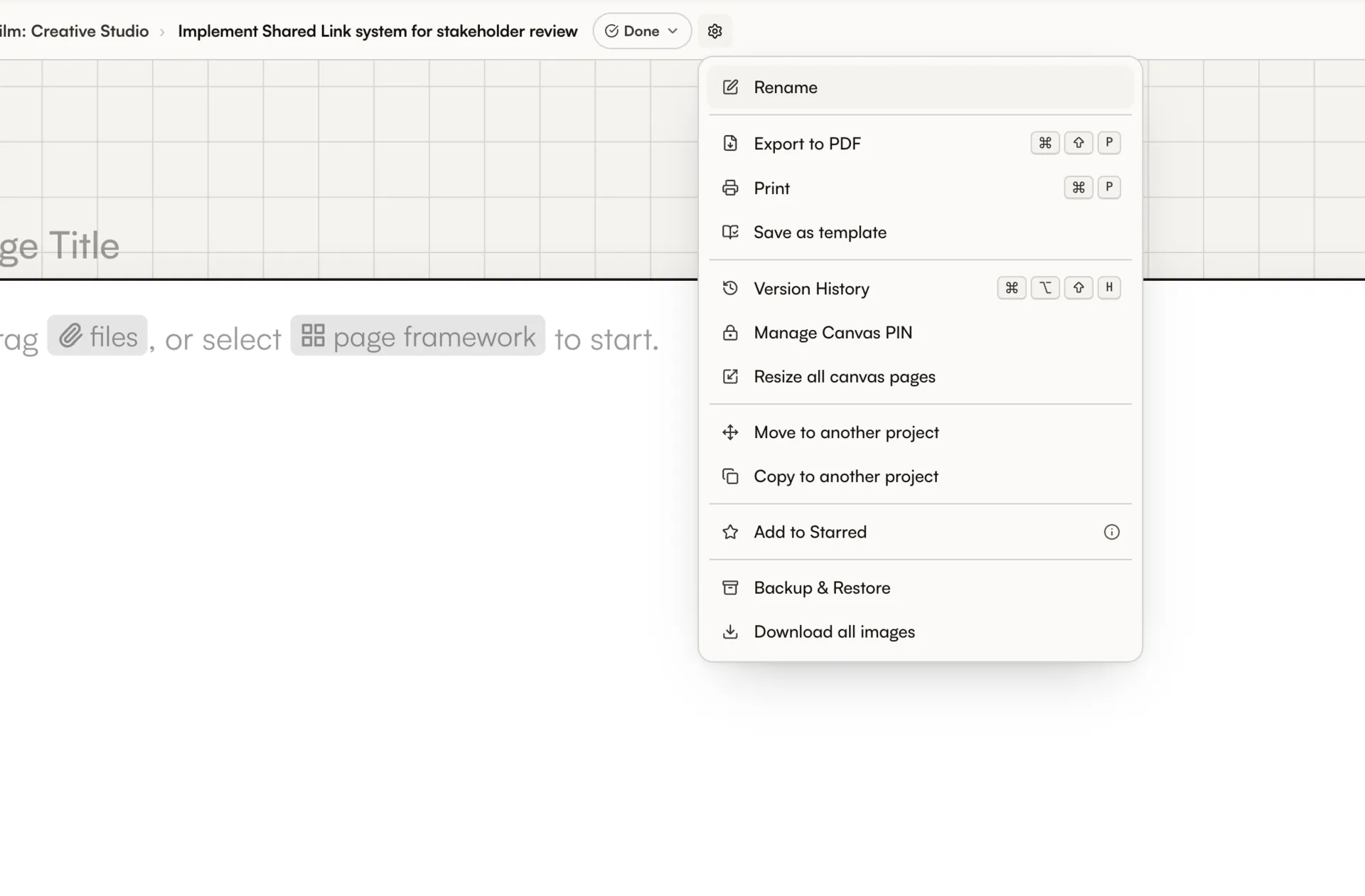Canvas export menu context