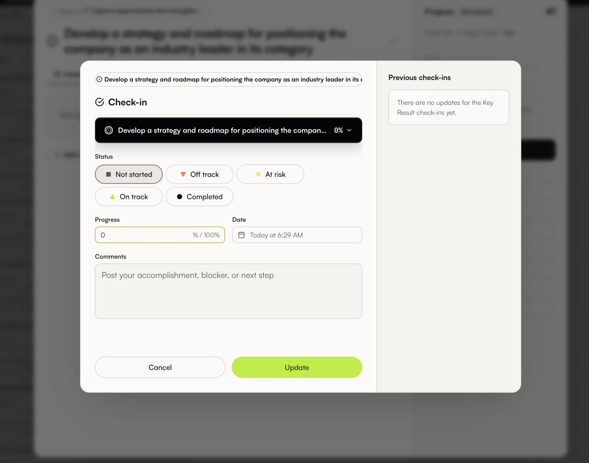 OKR Check-in view