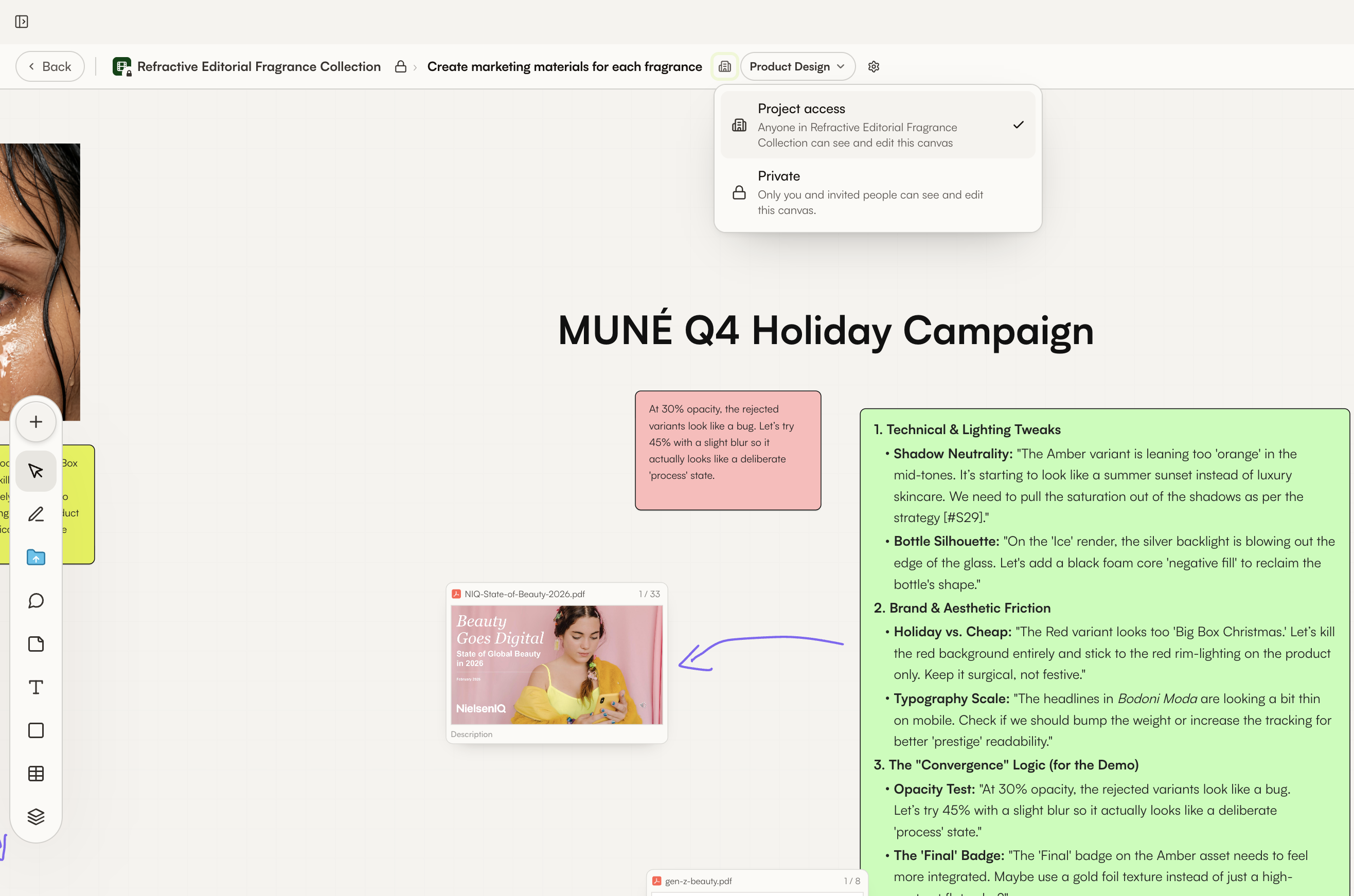 Menu di visibilità nell'intestazione del canvas con Accesso al progetto selezionato e l'opzione Privato