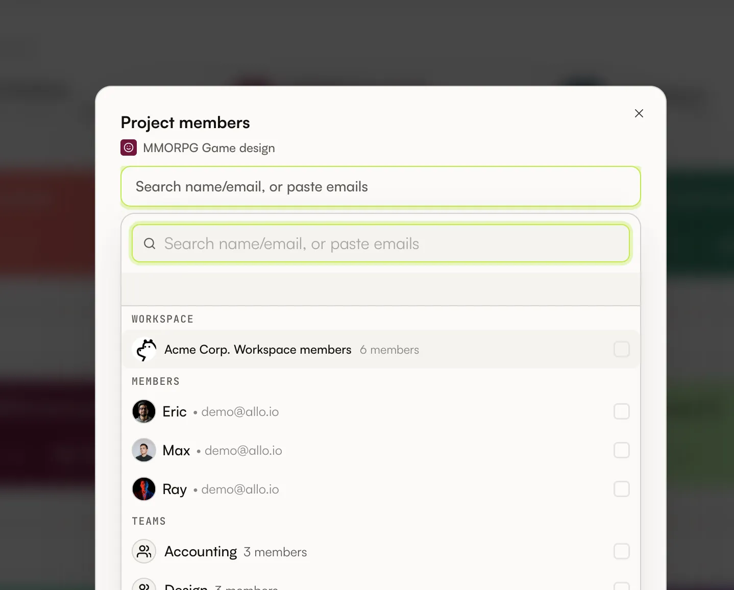 Selector de miembros del proyecto con miembros y equipos del espacio de trabajo