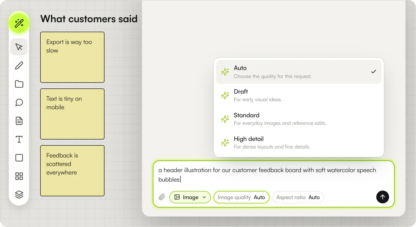 Il menu Qualità immagine aperto in AI Studio, con Auto (Sceglie la qualità per questa richiesta), Bozza (Per le prime idee visive), Standard (Per immagini comuni e modifiche con riferimenti) e Dettagliata (Per composizioni dense e dettagli fini)