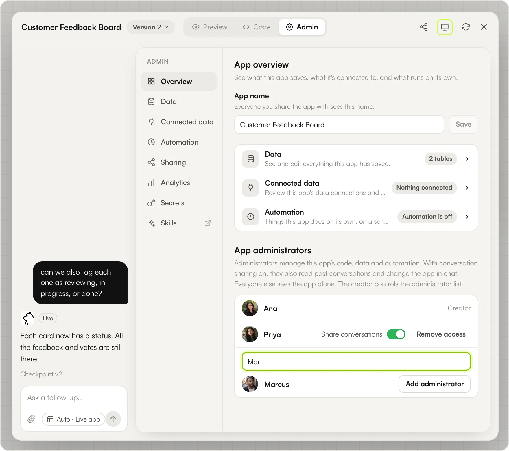Admin tab, Overview section: the app name, the creator and one app administrator with Share conversations on, and Add administrator next to a teammate found by search