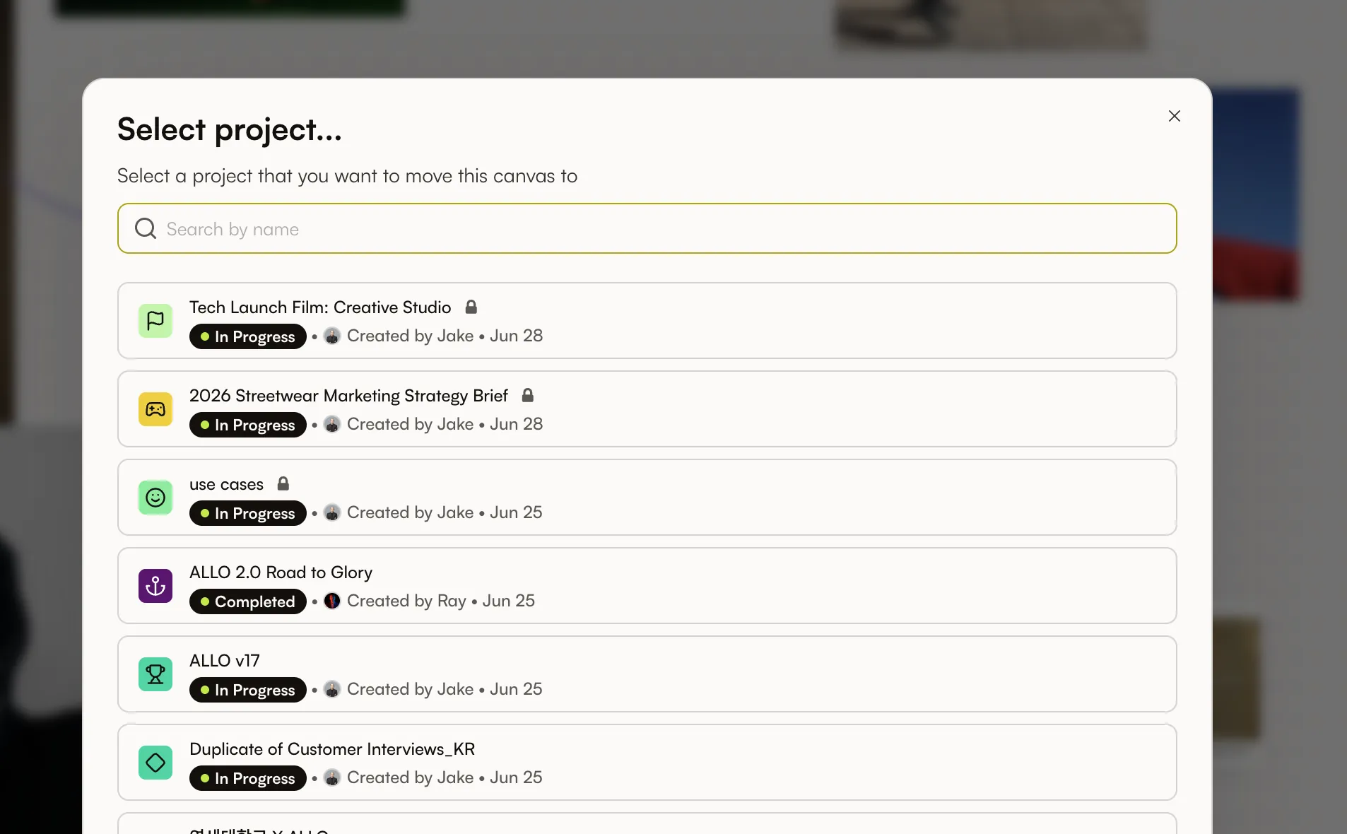 Move a canvas to another project from the canvas menu