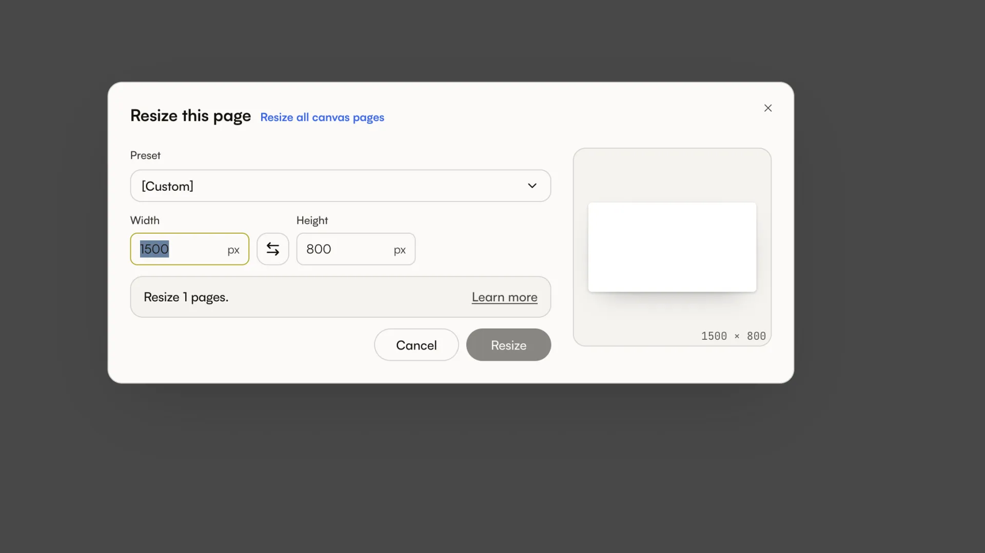 Page resize dialog with preset, width, height, orientation, and all-pages controls
