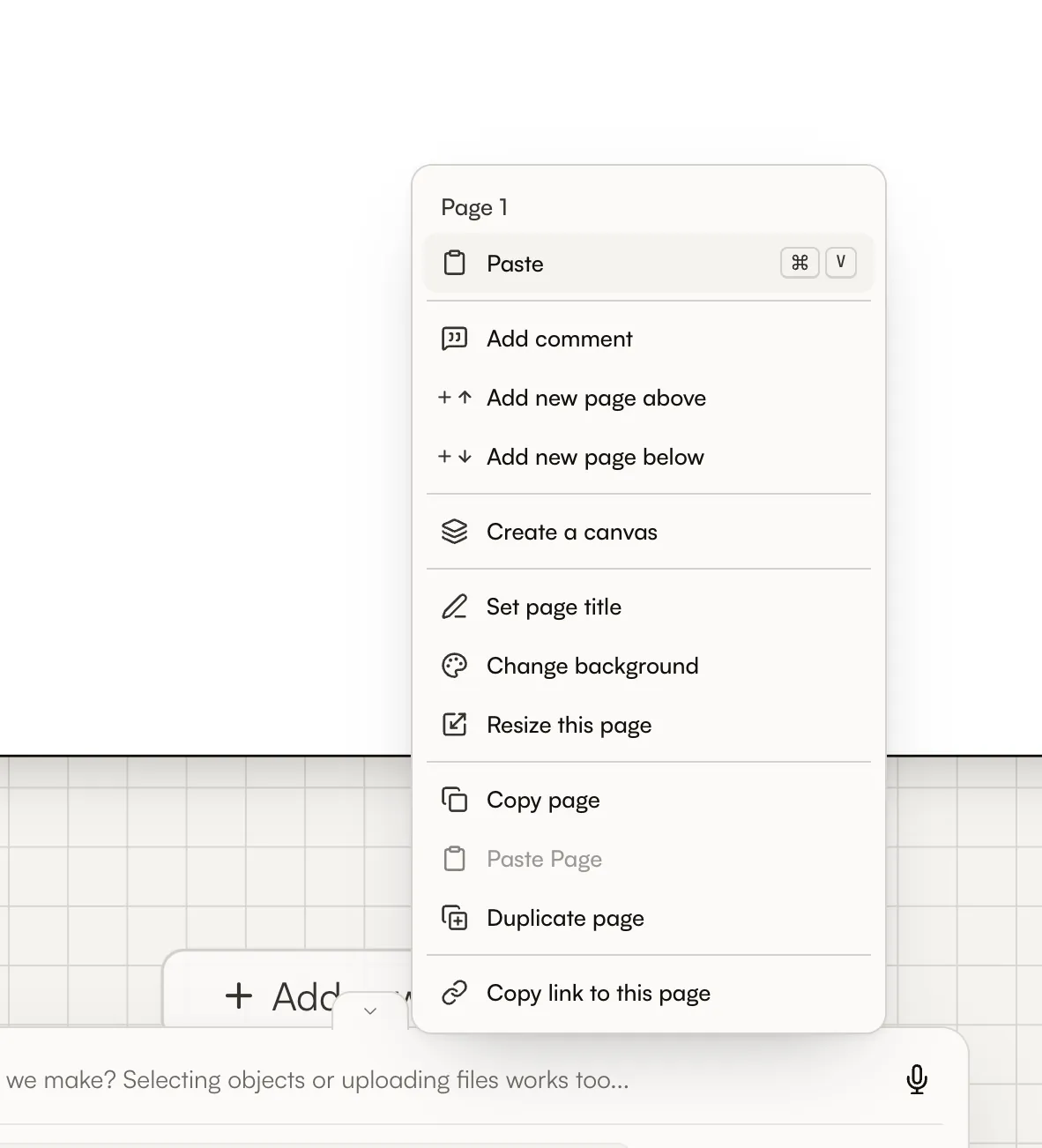 Resize and manage a page from the page menu