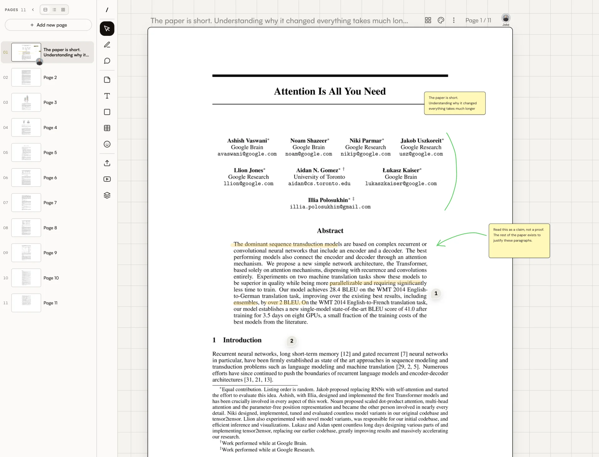 PDF 문서에서 만든 캔버스에서 페이지를 검토하고 주석을 남기는 화면