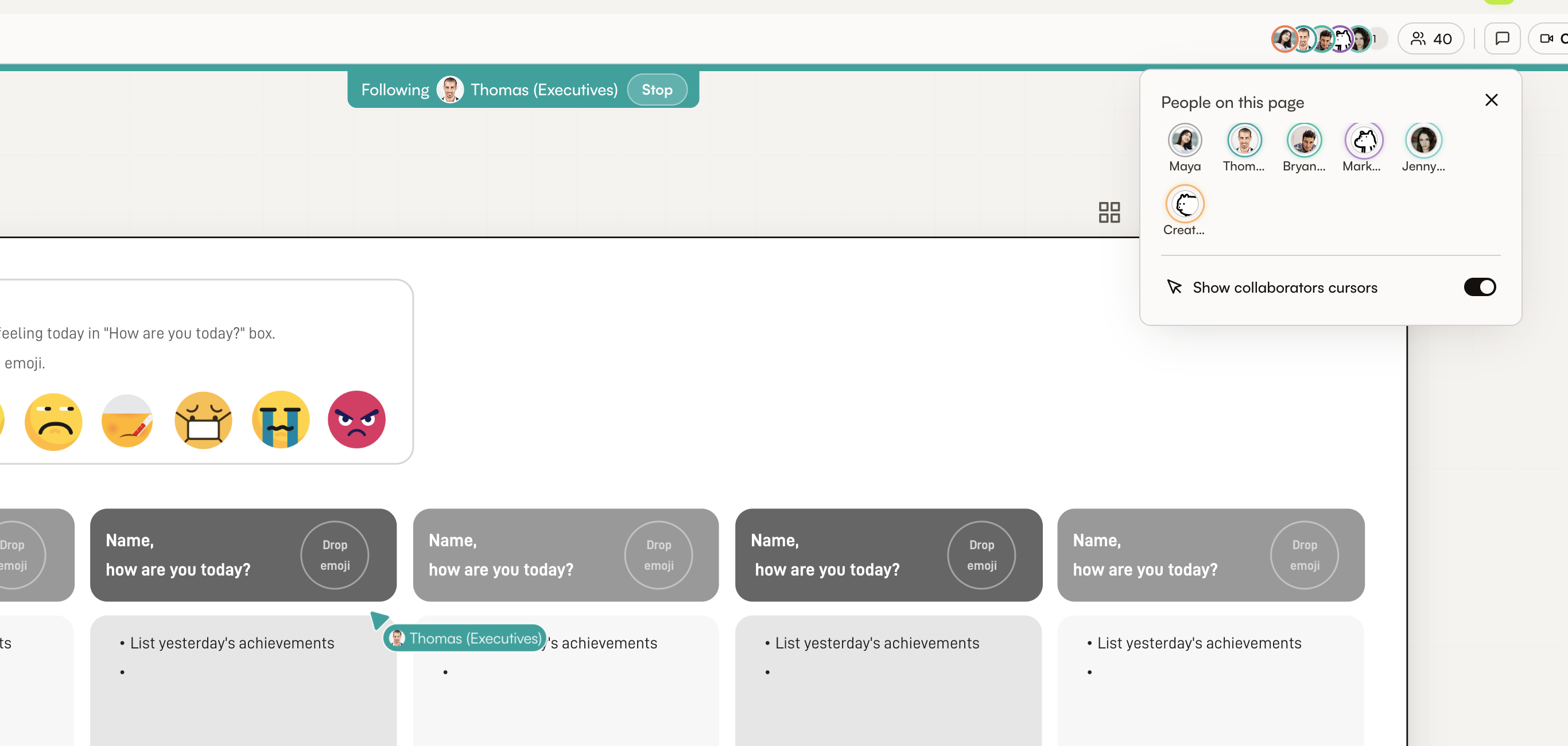 Canvas with the Following banner and Stop button above the shared view
