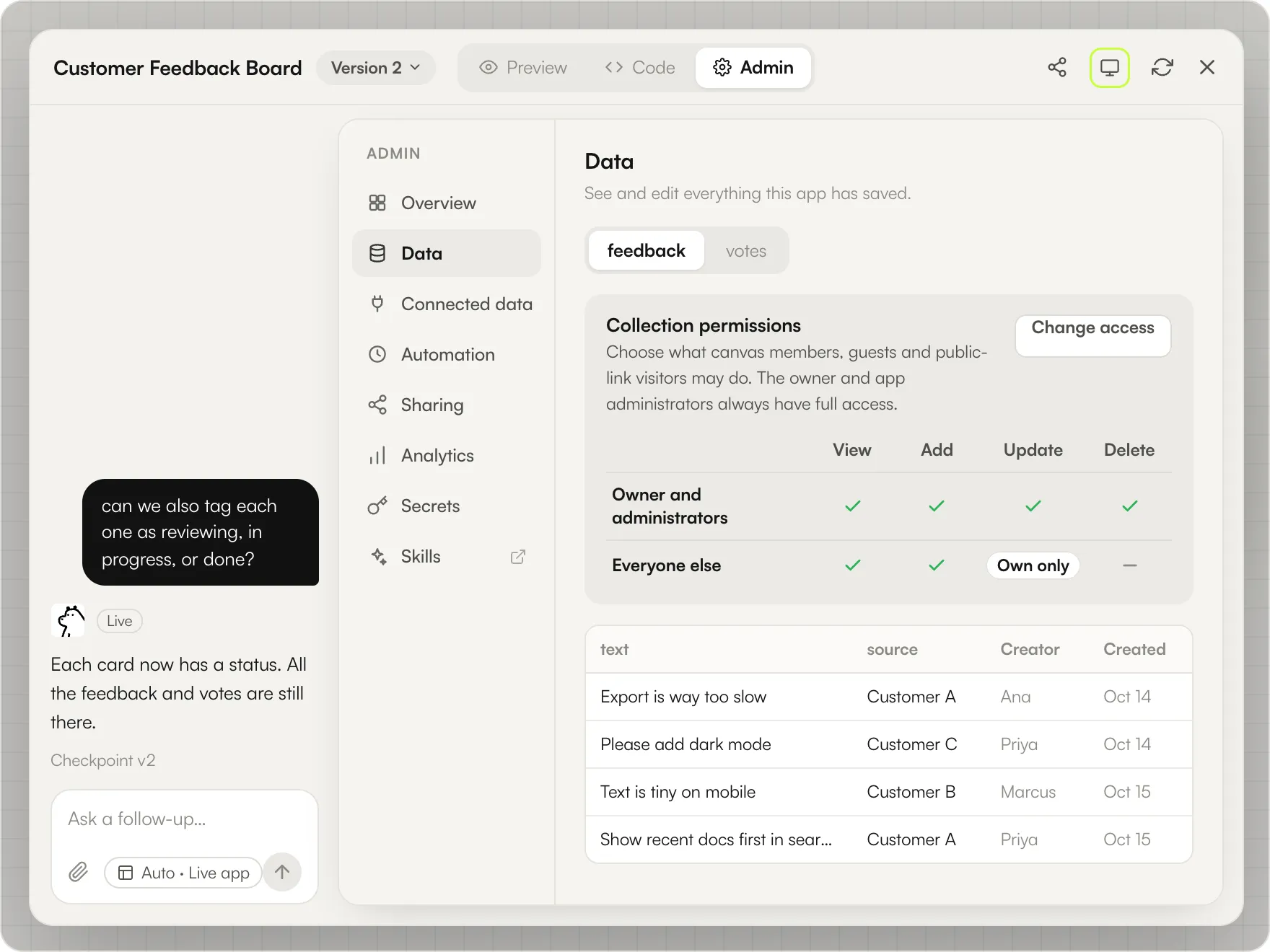 Admin tab, Data section: Collection permissions for the feedback collection, with the owner and administrators allowed everything and Everyone else set to View on, Add on, Update Own only, and Delete off