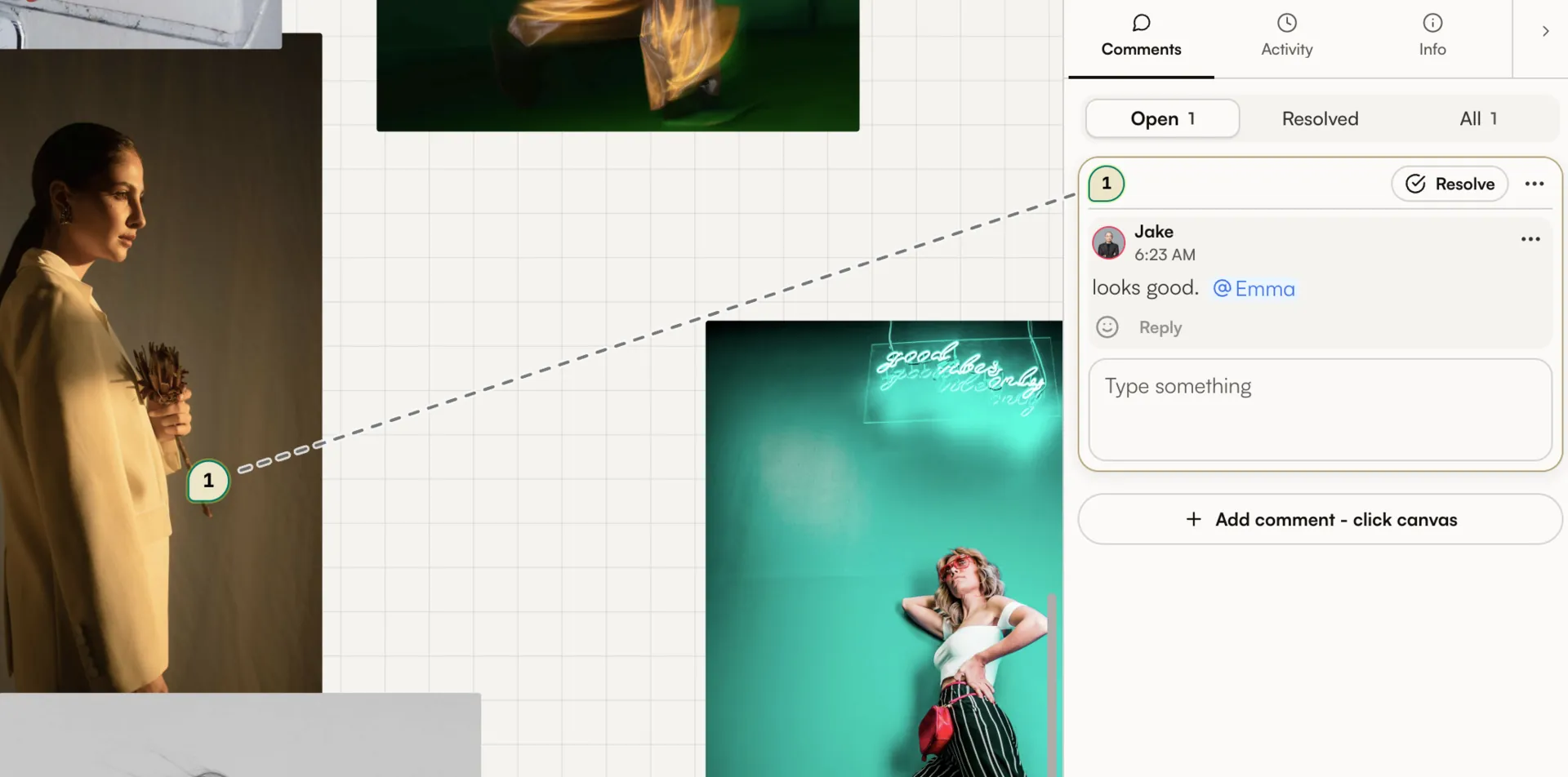 A comment line points feedback to the exact canvas location