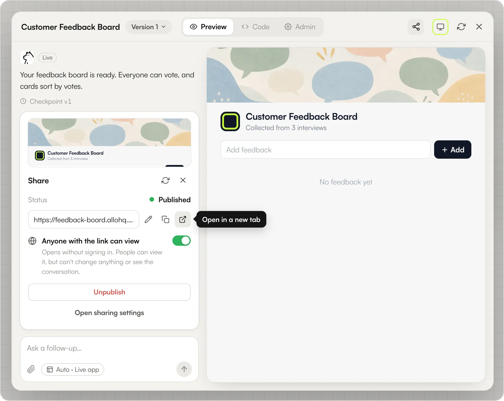 The Share panel with the status Published, the app link with its copy and open buttons, Anyone with the link can view switched on, and Unpublish
