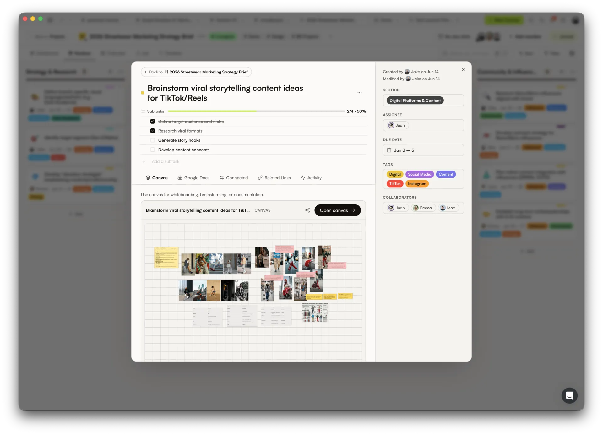 Canvas task card in a project