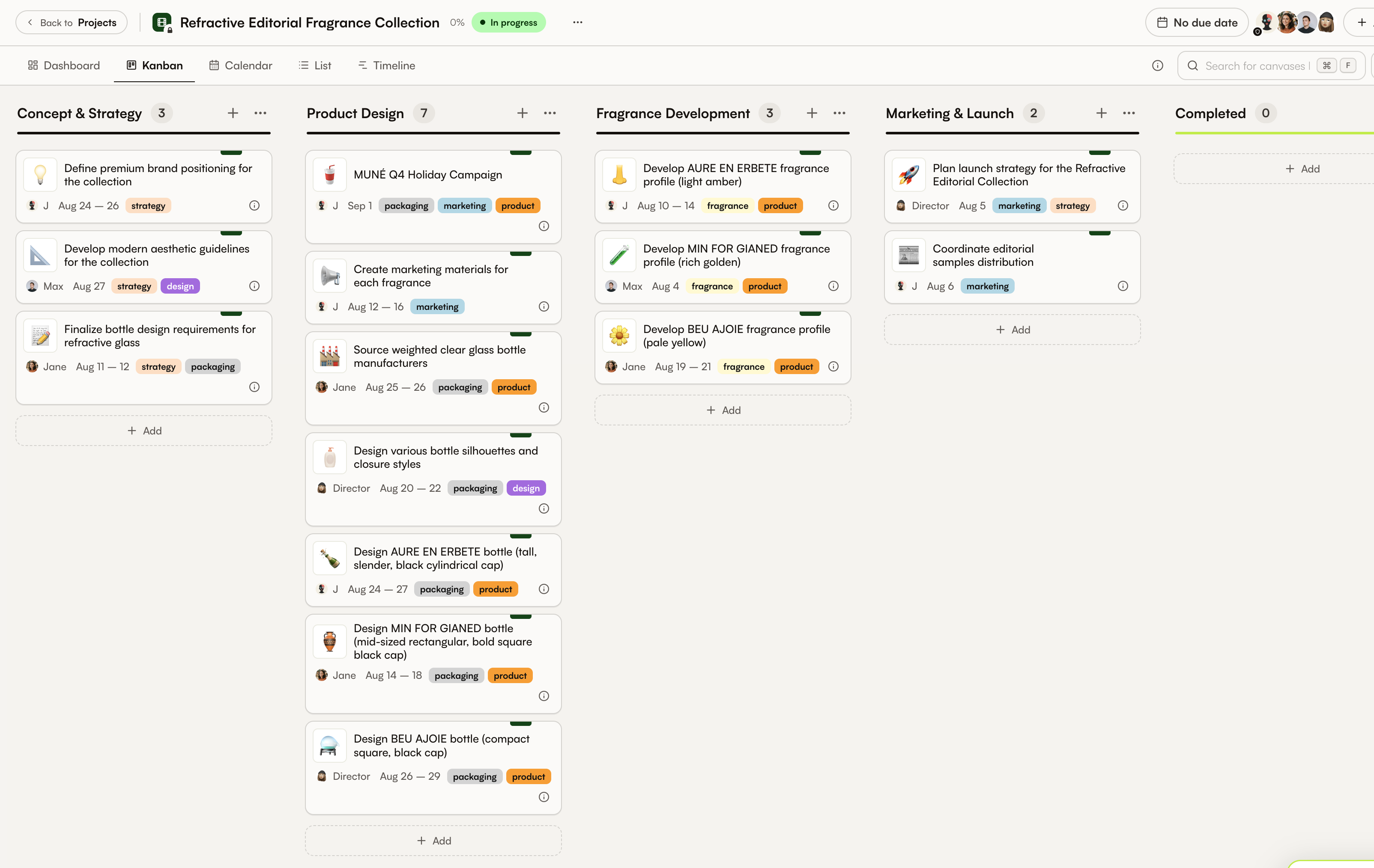 Projekt-Kanban mit dem sichtbaren Canvas Create marketing materials for each fragrance im Abschnitt Product Design