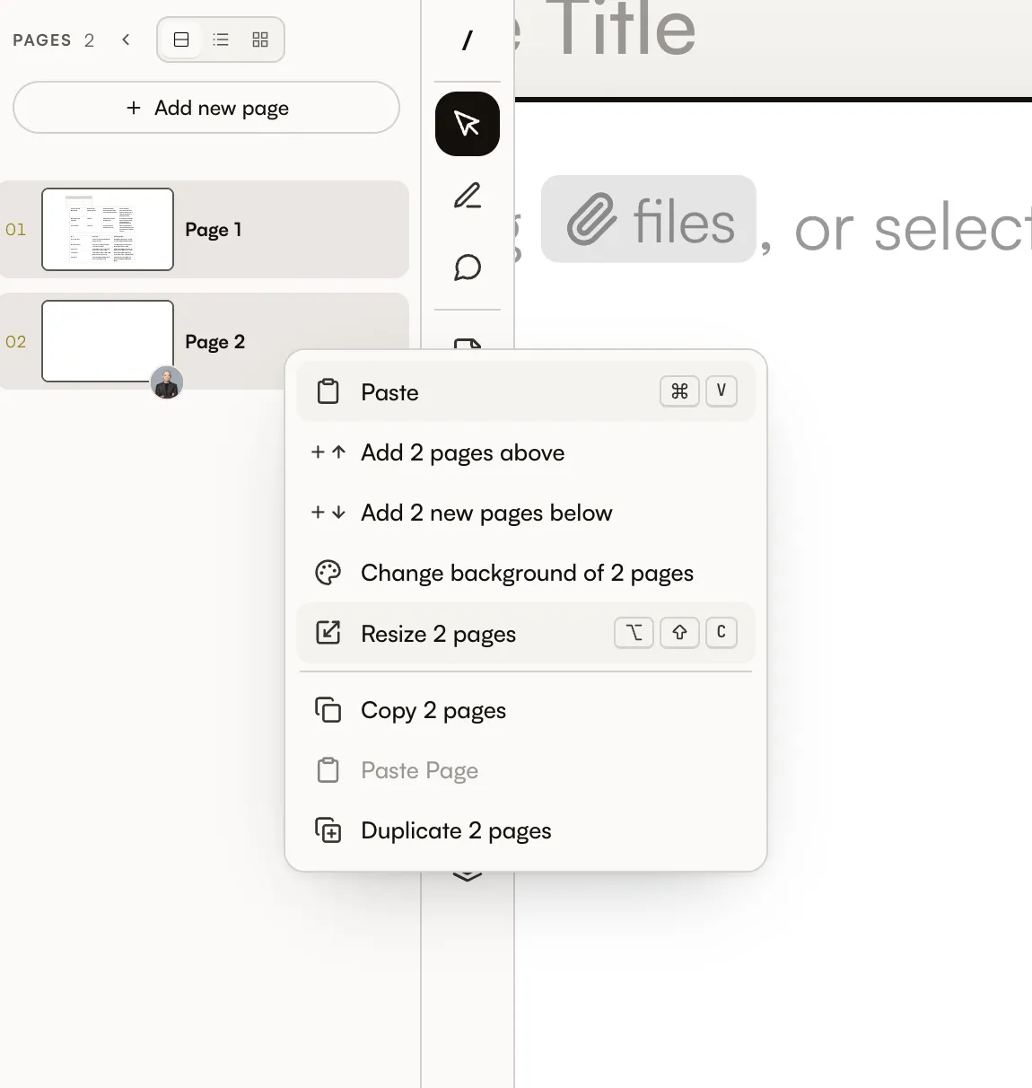 Two selected pages with the Resize 2 pages action in the page menu