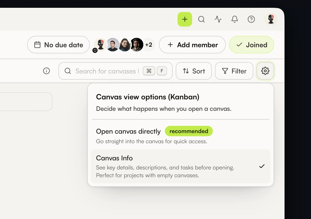 Opções de visualização de canvas em um quadro Kanban de projeto