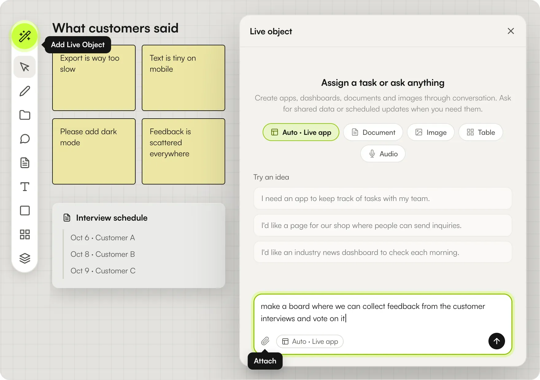 The live app creation window open beside the interview notes: Add Live App selected in the toolbar, Auto chosen among the type chips, Try an idea suggestions, and the feedback board request typed in the composer