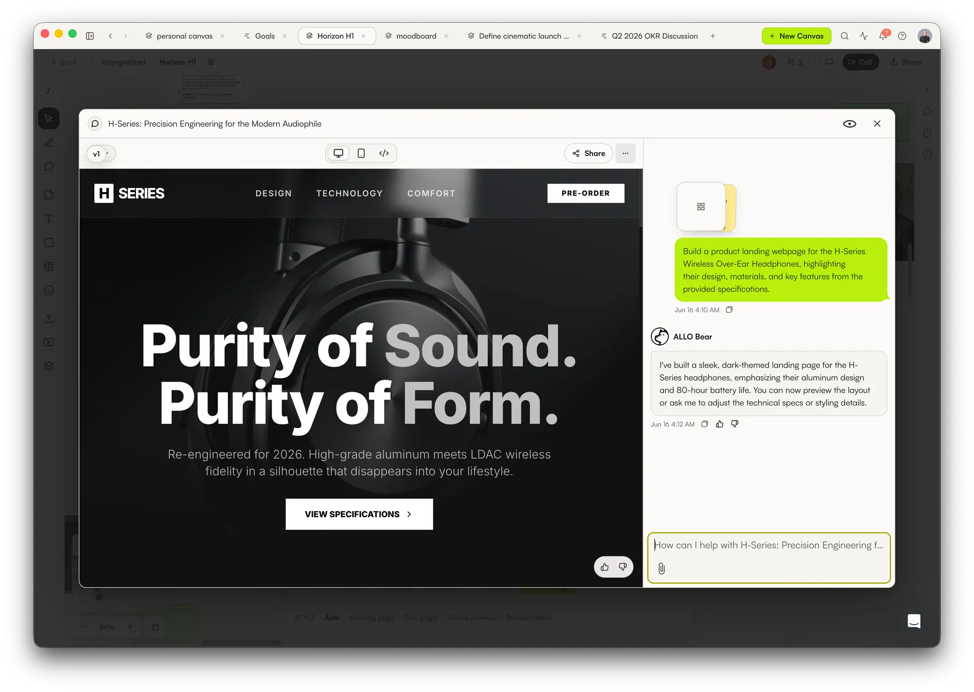 AI webpage preview on the canvas