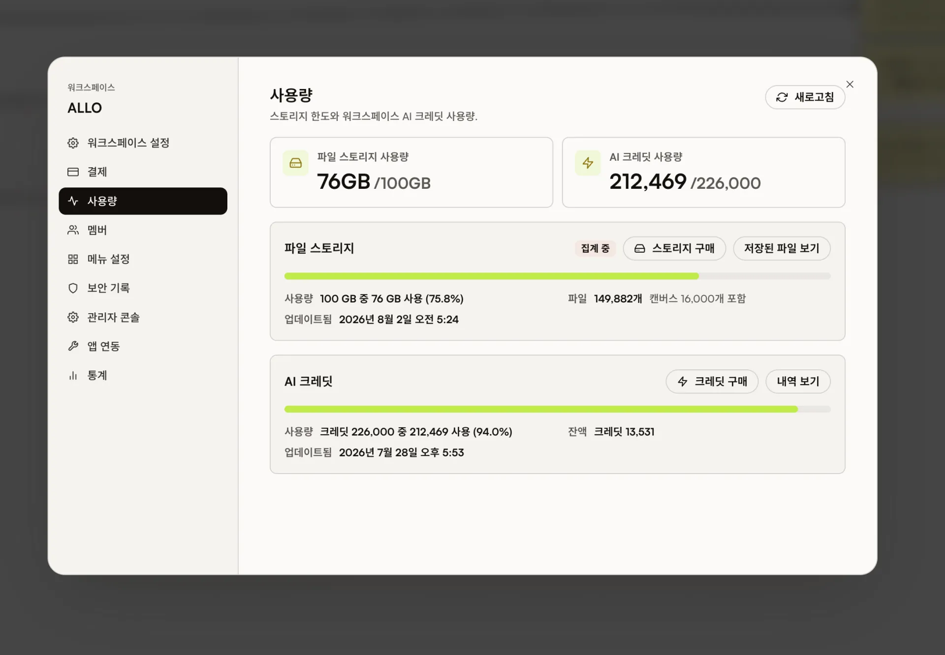 파일 저장 공간과 AI 크레딧 사용량이 표시된 워크스페이스 사용량 화면
