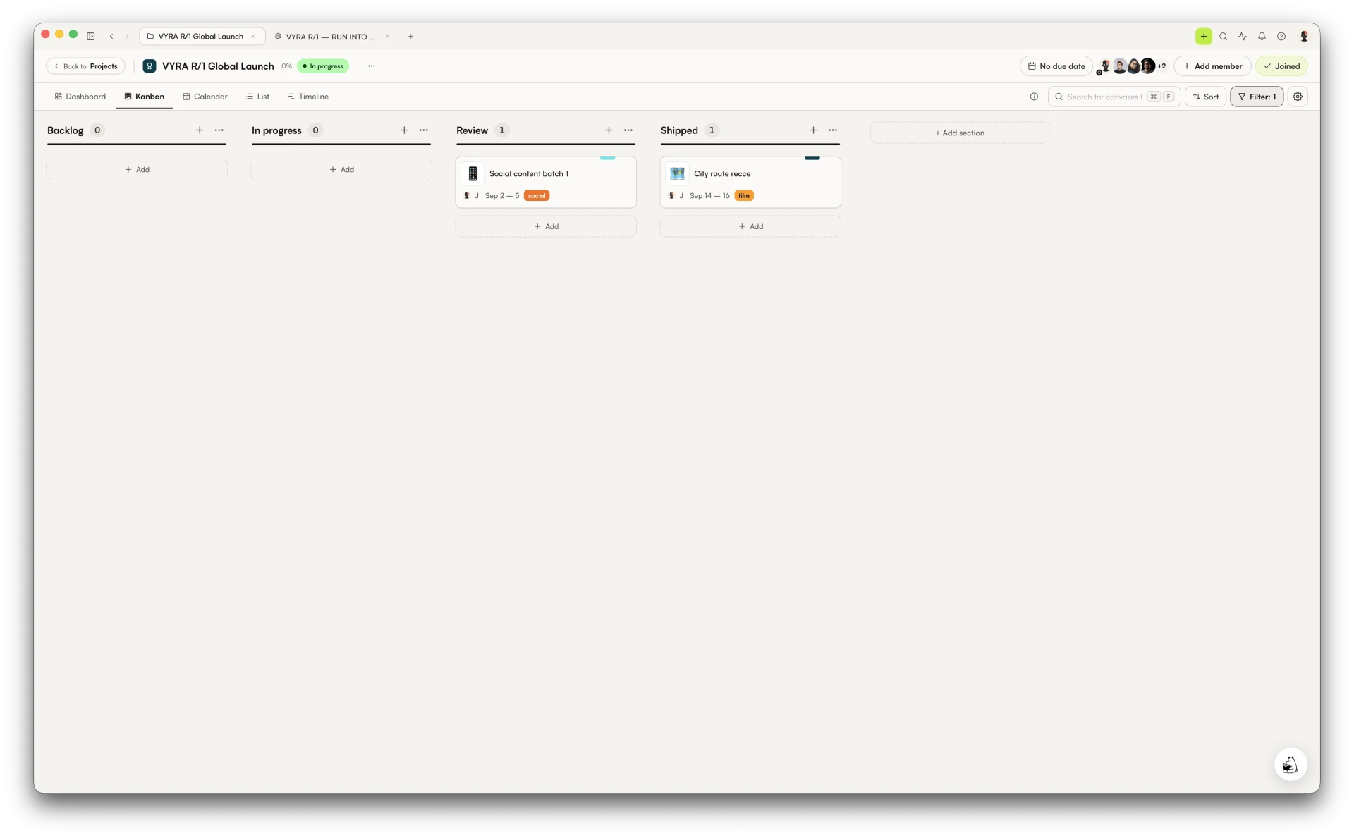 Канбан-доска проекта, ограниченная активным фильтром