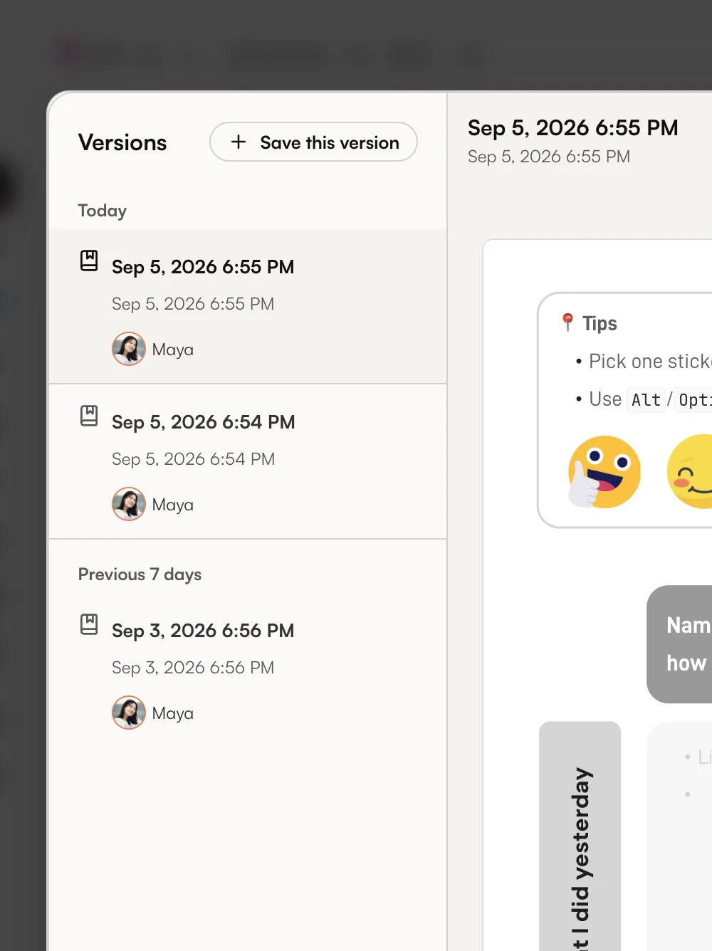 Version timeline with a selected canvas preview