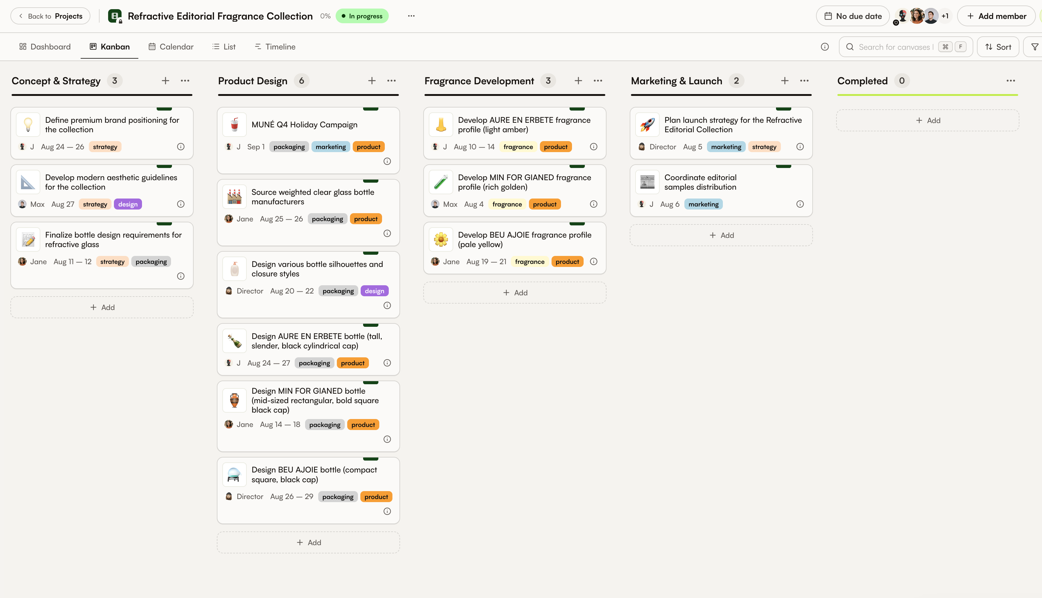 Projekt-Kanban ohne das Canvas Create marketing materials for each fragrance im Abschnitt Product Design