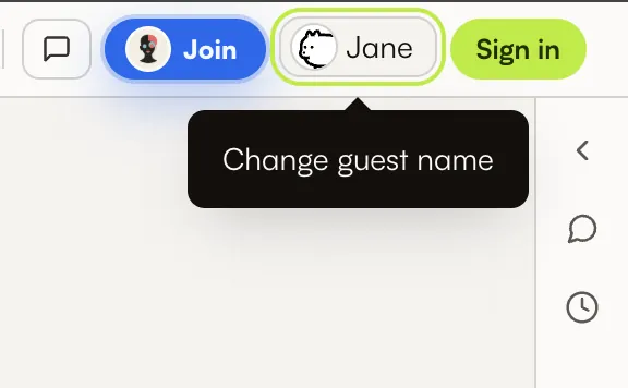 Intestazione con il nome dell'ospite e il tooltip «Cambia nome ospite»