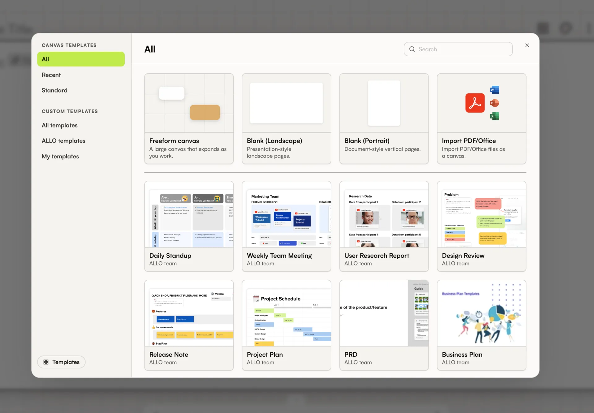 Canvas template selection