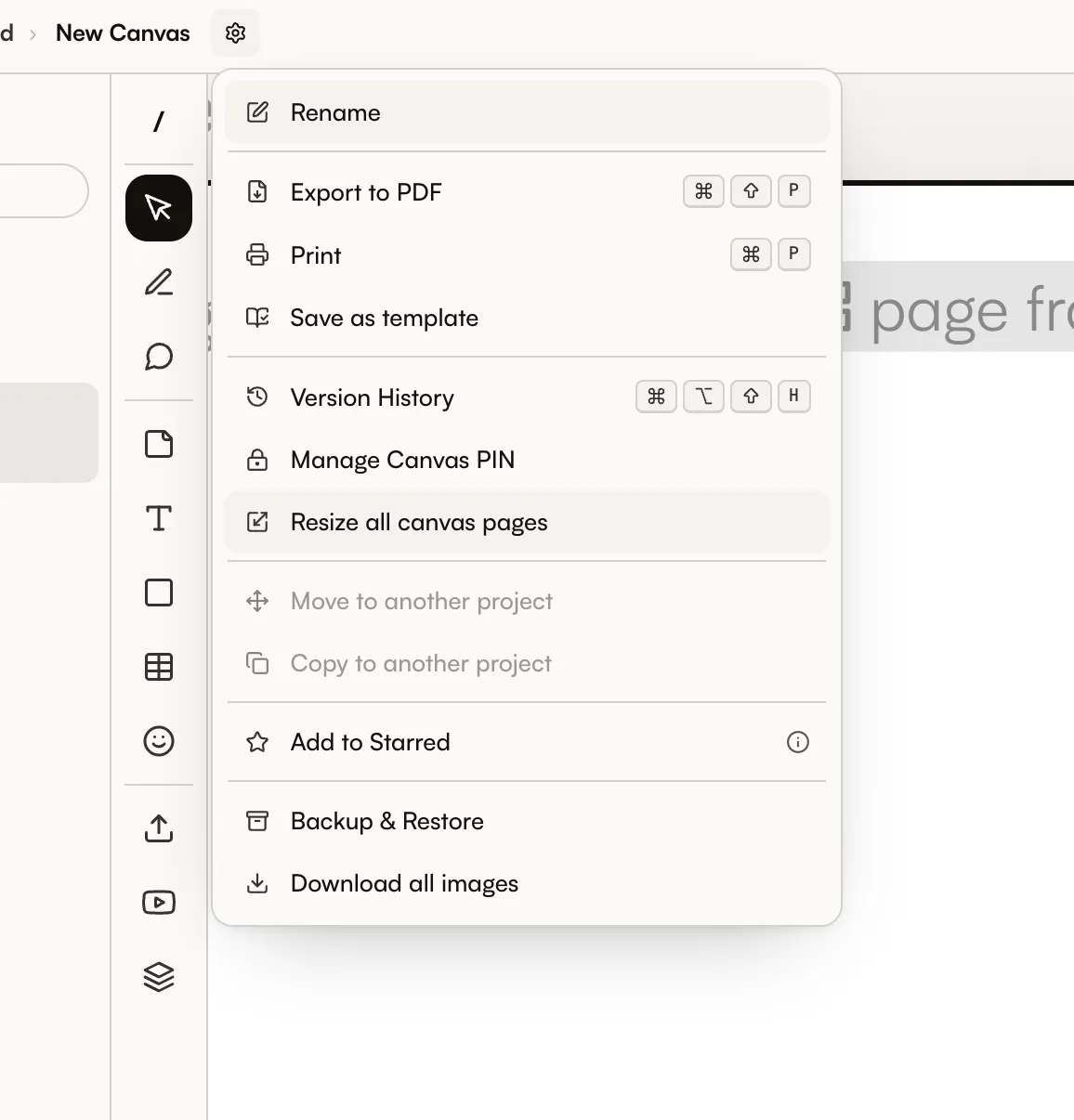 Canvas header menu with Resize all canvas pages