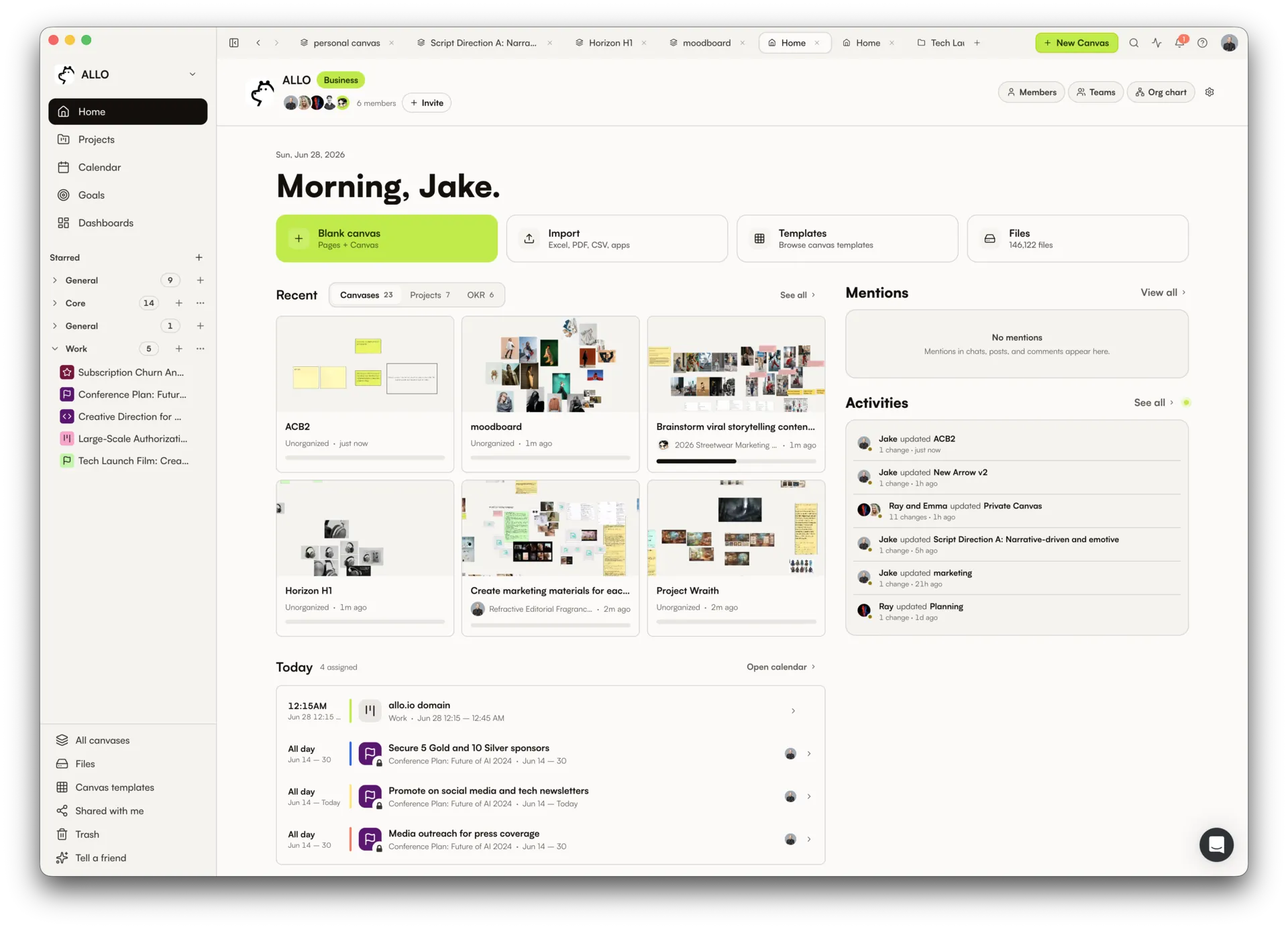 Home People area with members, teams, and org chart entry points